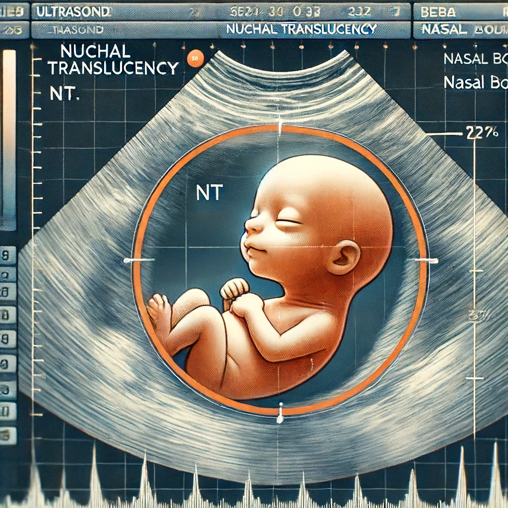 An animated-style image of an ultrasound scan showing the nuchal translucency (NT) and nasal bone in a fetus. The image highlights the fetus in the womb with a clear focus on the neck area where the NT is being measured and the nasal bone is visible. The ultrasound screen displays measurement markers and labels, with a grayscale color scheme and measurement lines typical of ultrasound screens.